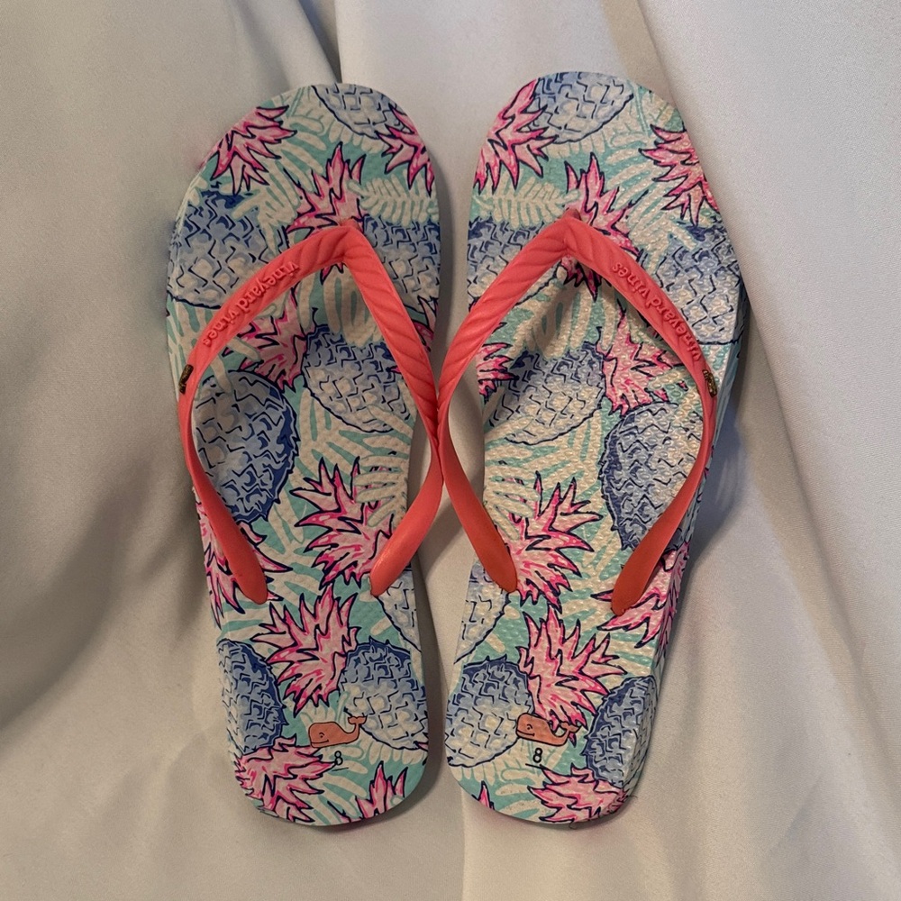 Vineyard Vines Pink and Blue Pineapple Patterned Sandals